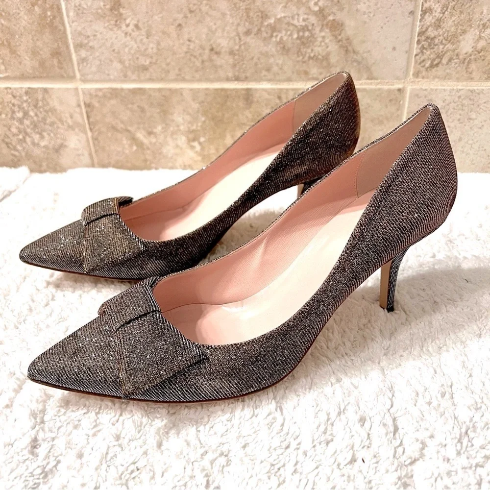Kate Spade Juliette Italy Bow Pointed Toe Dress Pumps Sparking Bronze Bridal 9.5